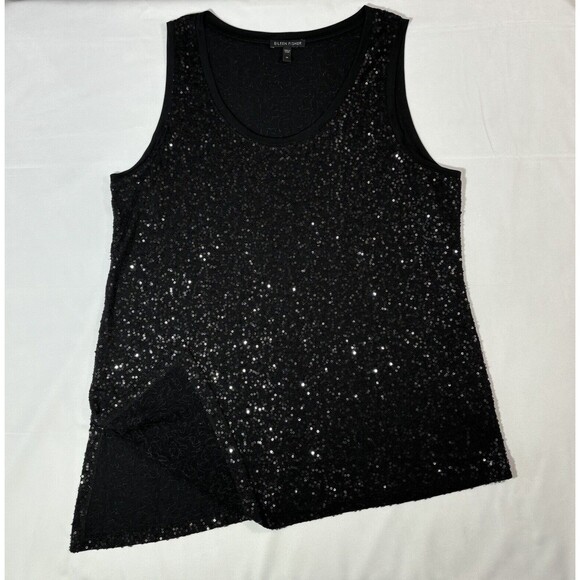 Eileen Fisher Woman 100% Silk Sequin Sleeveless Asymmetrical Black Tank Size M - Picture 1 of 12